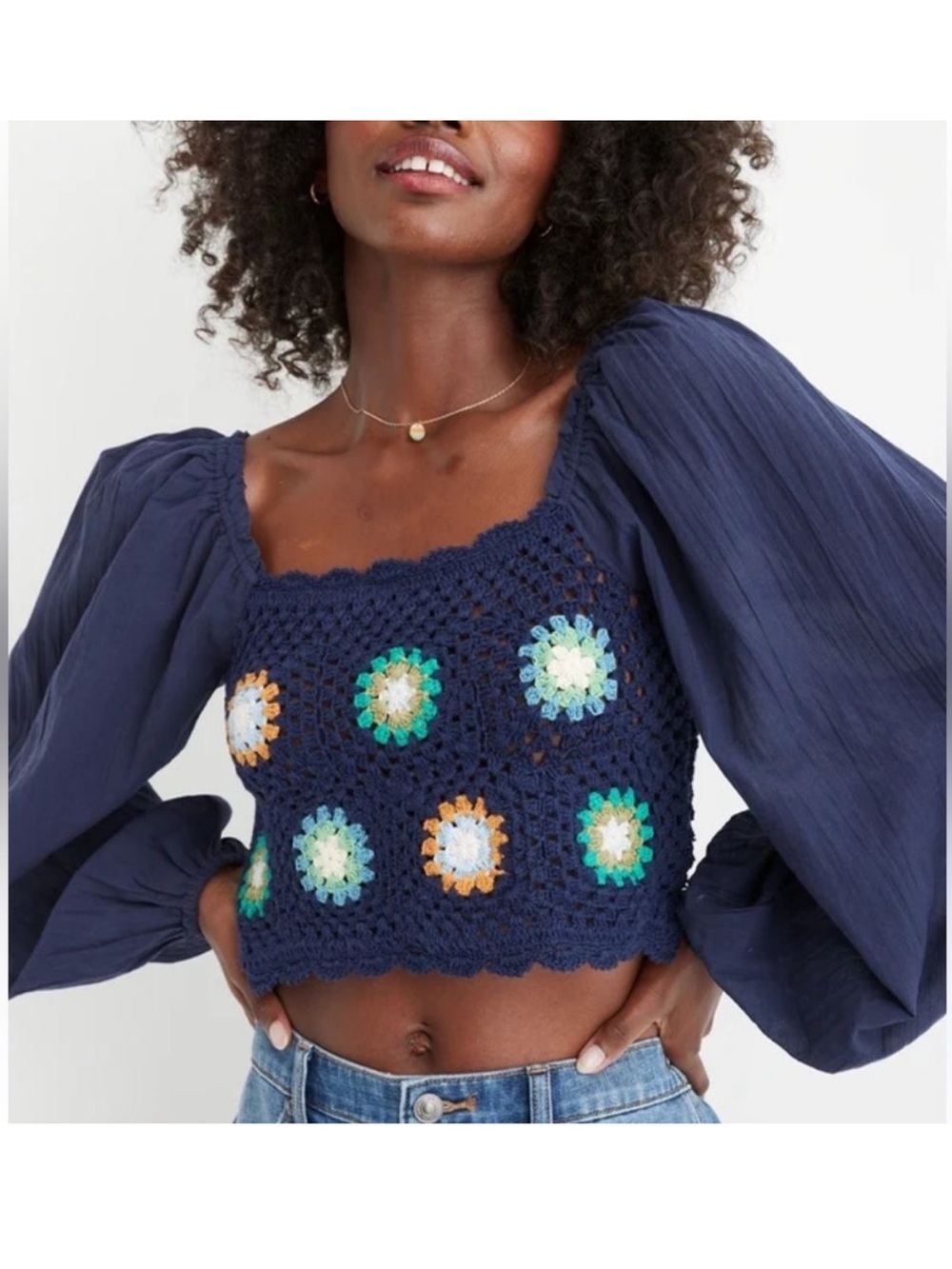 Aerie Navy Blue Crochet Floral Granny Square Long Sleeve Boho Crop Top Size XS